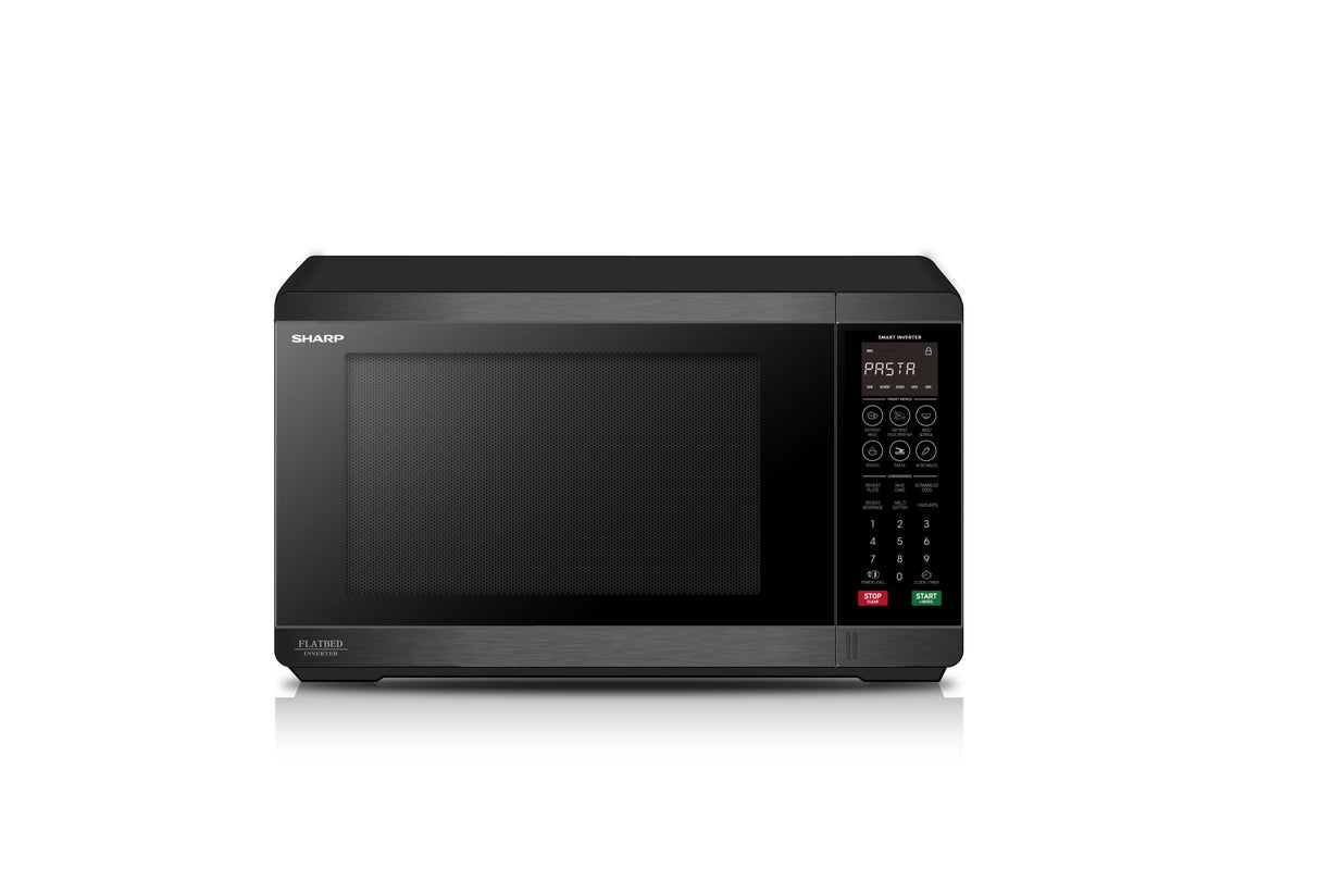 Microwave Sharp 1200W in black stainless offers a 32L FlatBed design with inverter technology for even cooking and convenience.