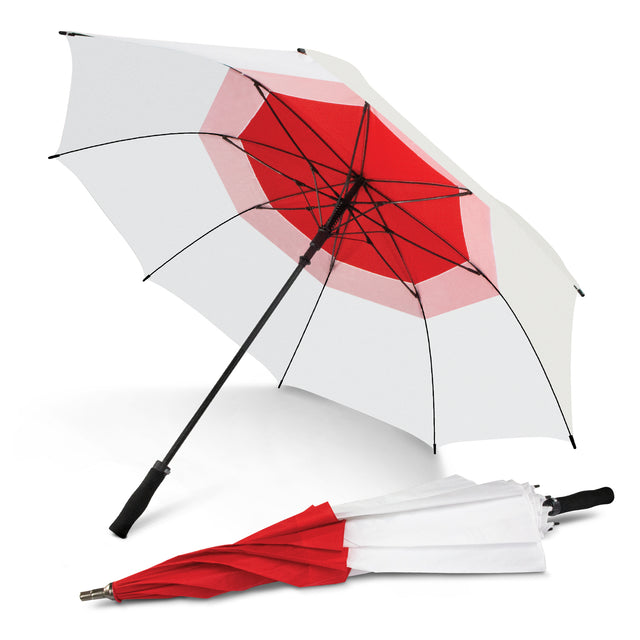 Extra-large red Typhoon umbrella with a white top, featuring a vented nylon canopy and automatic opening for durability and style.