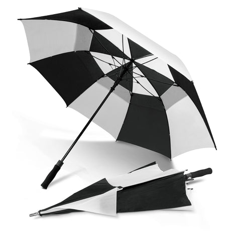 Extra-large black and white check umbrella with vented nylon canopy, fiberglass ribs, and automatic opening for wind resistance.