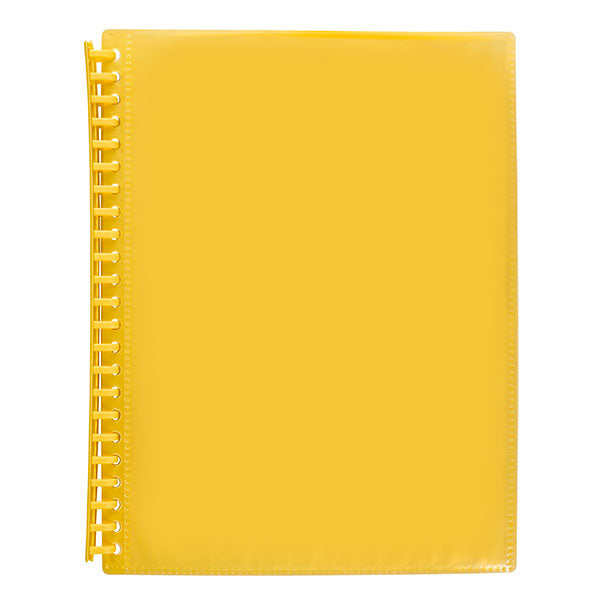 Bright yellow Marbig A4 display book pack of 12 with 20 clear pockets for organizing and showcasing documents.