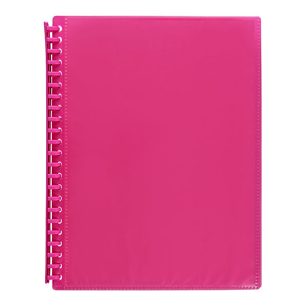 Vibrant pink Marbig A4 display book pack of 12 with 20 clear pockets for organized document storage and protection.