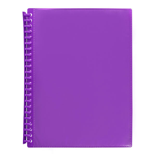 Marbig A4 Purple Display Book pack of 12 with 20 pockets, perfect for organizing and showcasing documents.