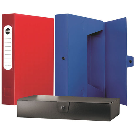 Blue Marbig Box File with a 60mm capacity, button closure, and finger hole for easy access and document organization.