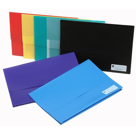 Marbig Foolscap Polypick Clear Wallets, durable, with 25mm gusset, touch fastener, and vibrant transparent colors for document organization.