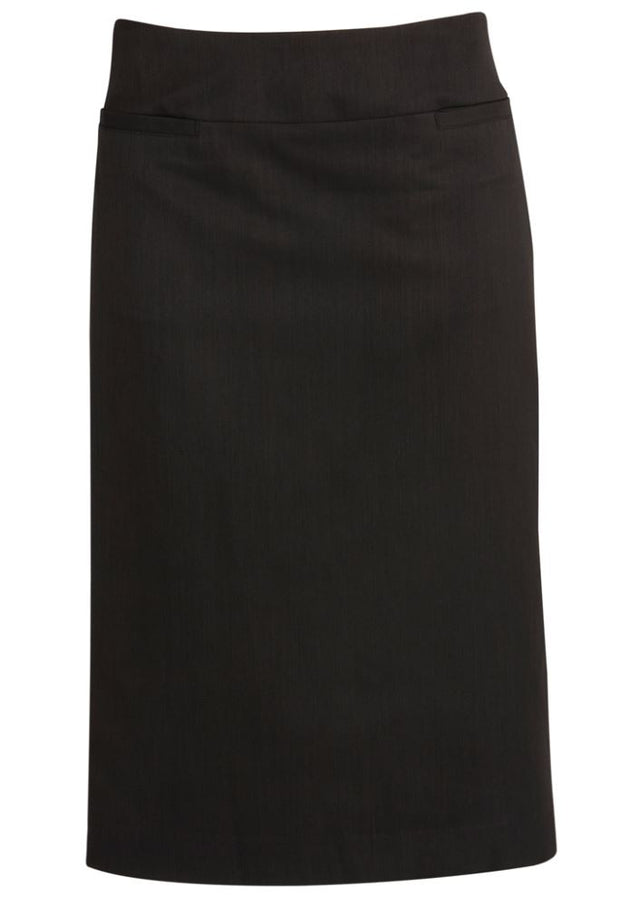 Ladies relaxed fit black skirt, crafted from soft polyester-bamboo blend, with knee-length options and back hem split for movement.
