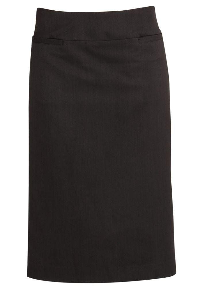 Ladies relaxed fit charcoal skirt from Biz Collection, knee-length with back split, featuring concealed zip and comfortable hip fit.