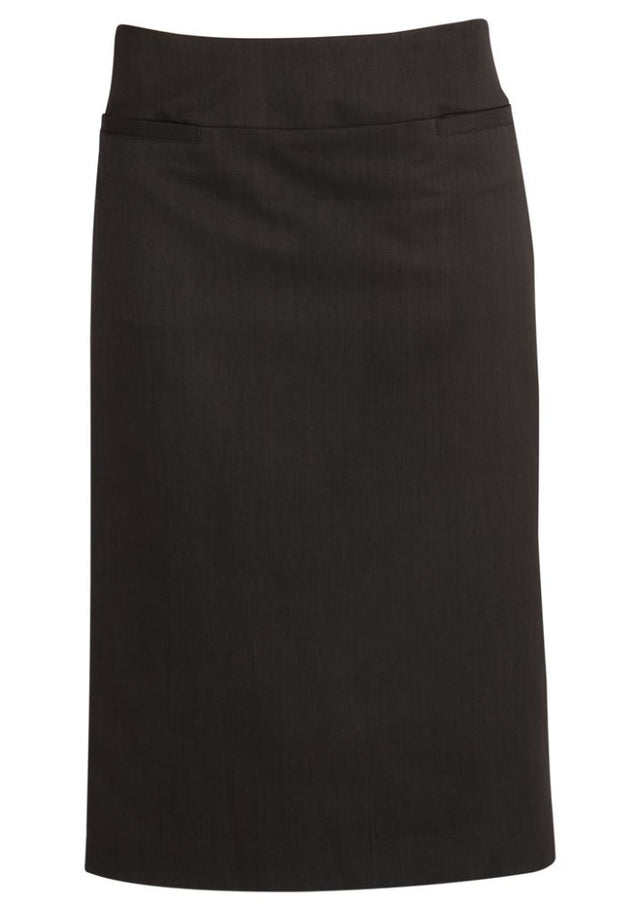 Ladies Relaxed Fit Skirt in Charcoal, size 16, featuring a knee-length design, back hem split, and concealed zip for style and comfort.