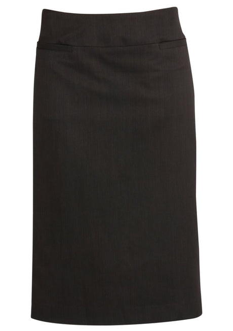 Ladies relaxed fit skirt in charcoal, size 12, featuring below-knee length and stylish back split for comfort and versatility.
