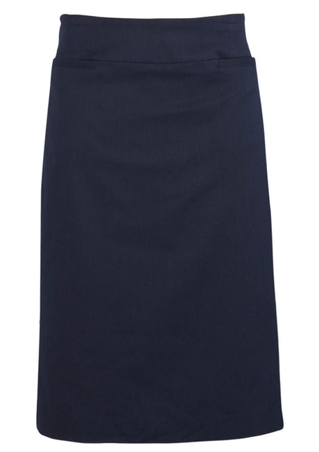 Navy relaxed fit skirt in size 16, made from a polyester-bamboo blend, featuring below-knee length and back split for ease of movement.