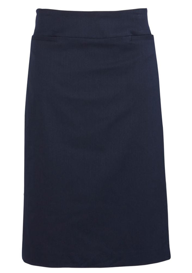 Ladies Relaxed Fit Skirt in Navy, featuring a comfortable fit, below-knee length, and elegant back split for ease of movement.