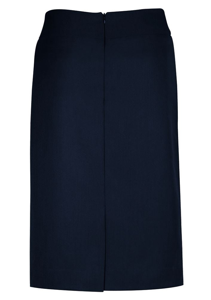 Navy relaxed fit skirt for ladies, crafted from soft polyester and bamboo, features a knee-length cut and back hem split for ease.