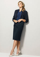 Navy ladies relaxed fit skirt with back hem split, designed for comfort and versatility in casual or professional settings.