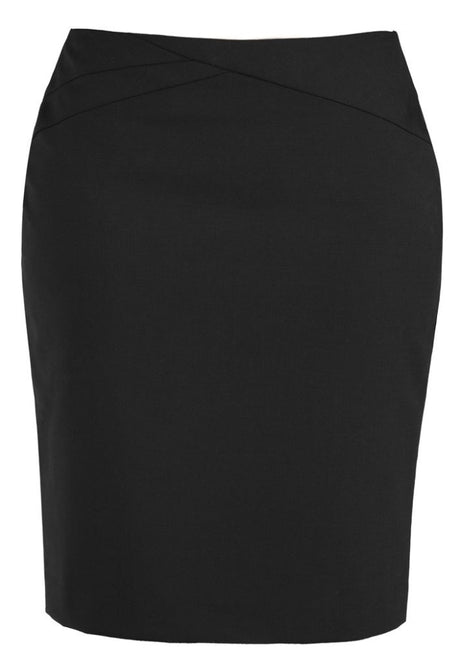 Stylish black Ladies Chevron Skirt with decorative waistband, concealed zip, and back split for ease of movement. Sizes 4-26.