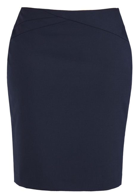 Navy Ladies Chevron Skirt from Biz Collection featuring a flattering pattern, back split for movement, and concealed zip closure.