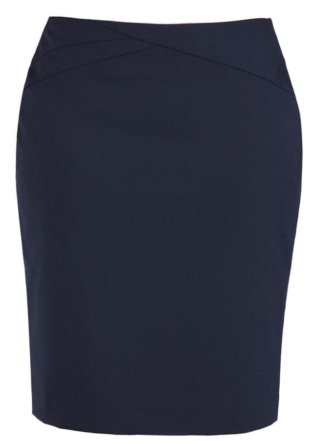 Navy Ladies Chevron Skirt from Biz Collection, featuring a chic pattern, concealed zip, and back split for comfort and style.