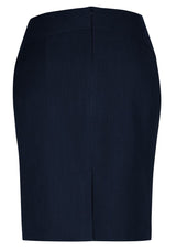 Navy Ladies Chevron Skirt from Biz Collection, size 14, features a chic design, back split, and decorative waistband for comfort.
