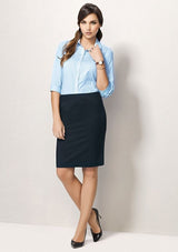 Stylish black chevron skirt for women, featuring a decorative waistband, concealed zip, and back split for comfort. Size 26.