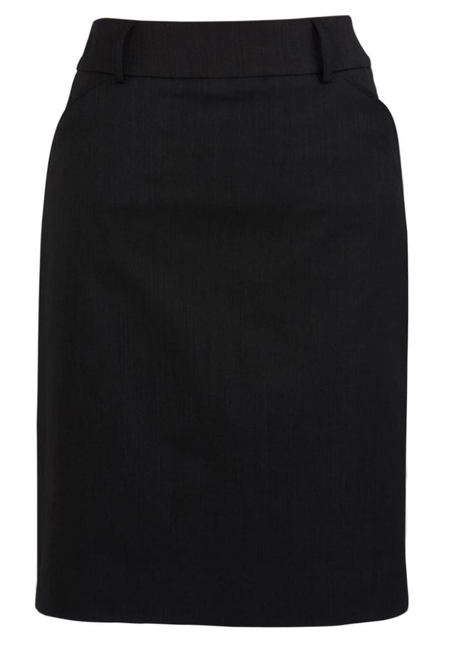 Ladies multi-pleat skirt in black, size 8, featuring box pleats, deep pockets, and a chic knee-length design.