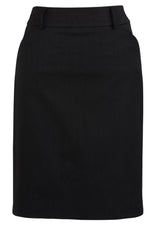 Ladies Multi-Pleat Skirt in black, featuring knee-length design, box pleats, deep side pockets, and versatile belt loops.
