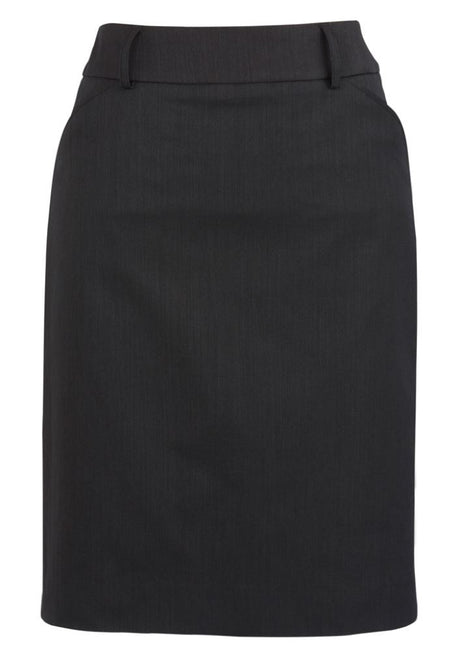 Elegant charcoal knee-length skirt with box pleats, deep pockets, and belt loops for style and comfort, size 4 from Biz Collection.