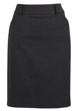 Ladies Multi-Pleat Skirt in charcoal with box pleats, deep pockets, and belt loops, perfect for work and casual wear.