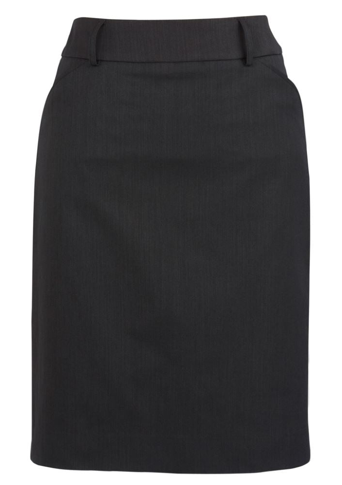 Ladies Multi-Pleat Skirt in Charcoal with box pleats, knee-length cut, deep side pockets, and belt loops for versatility.