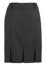 Charcoal knee-length multi-pleat skirt with rear box pleats, deep side pockets, and belt loops for stylish functionality.