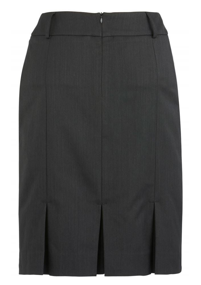 Ladies multi-pleat charcoal skirt showcasing stylish box pleats, knee-length design, and deep side pockets for versatility.