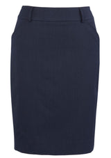 Navy knee-length multi-pleat skirt with box pleats, pockets, and belt loops, perfect for work or casual outings.