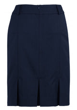 Navy multi-pleat skirt with box pleats, belt loops, and deep pockets; stylish and comfortable for every occasion.