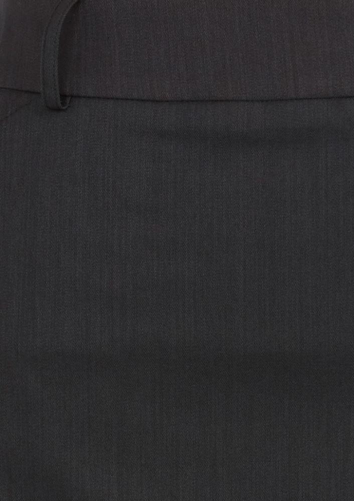 Charcoal knee-length multi-pleat skirt from Biz Collection with deep pockets, box pleats, and belt loops for versatile styling.