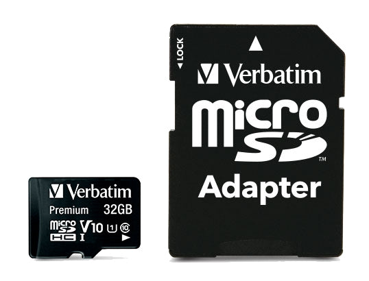 Verbatim Premium 32GB microSDHC Card with Adapter, Class 10, ideal for fast storage in mobile devices and cameras.