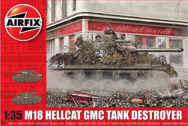 Airfix 1/35 M-18 Hellcat model kit, showcasing a detailed tank destroyer from WWII with precise decals and two scheme options.