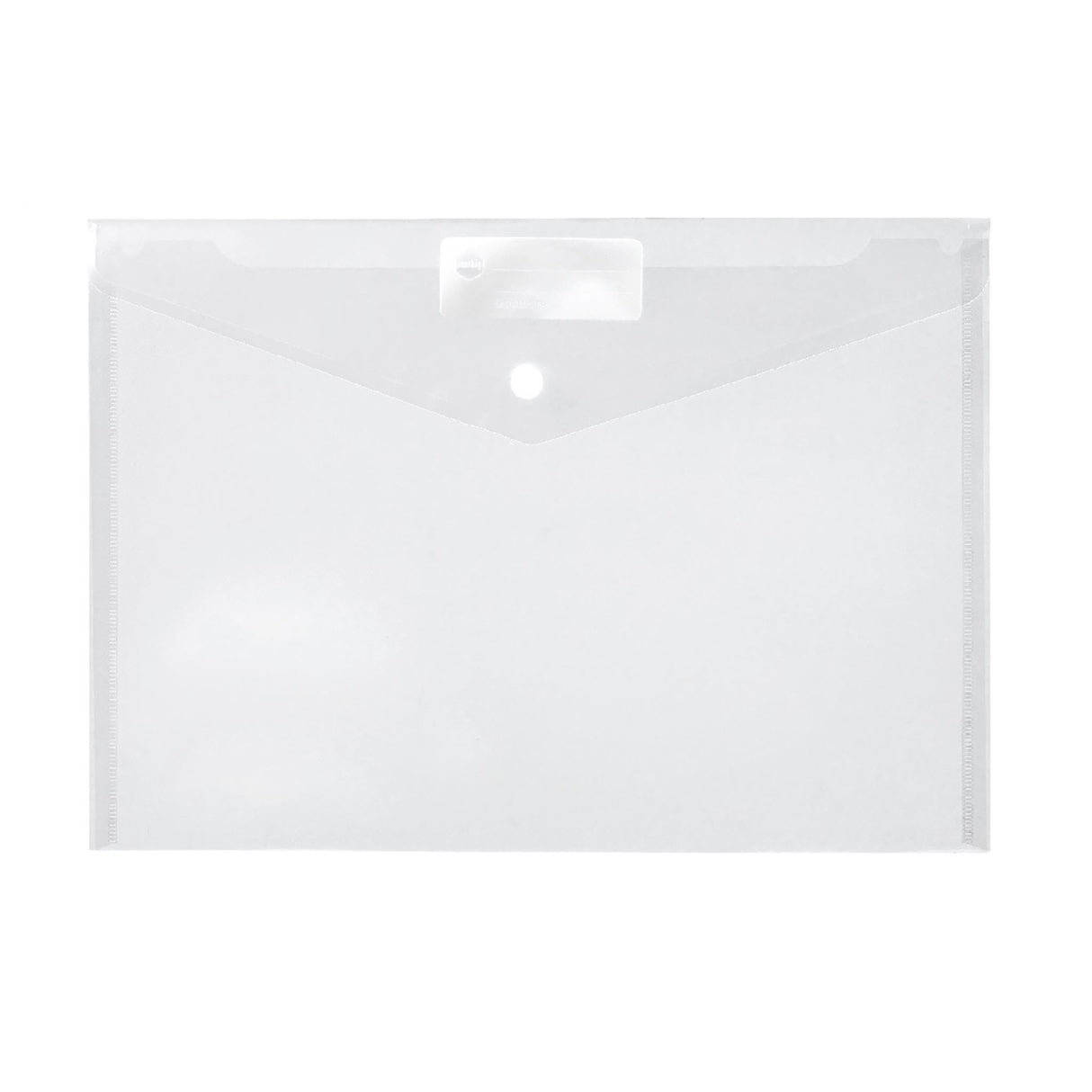 Clear A4 document holder with button closure, write-on ID panel, and moisture-resistant design for organized storage.