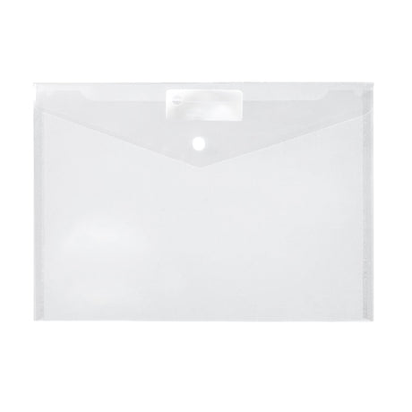 Clear A4 document holder with button closure, write-on ID panel, and moisture-resistant design for organized storage.