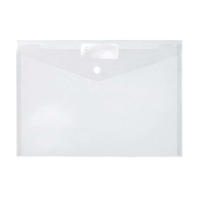 Clear A4 document holder with button closure, write-on ID panel, and moisture-resistant design for organized storage.