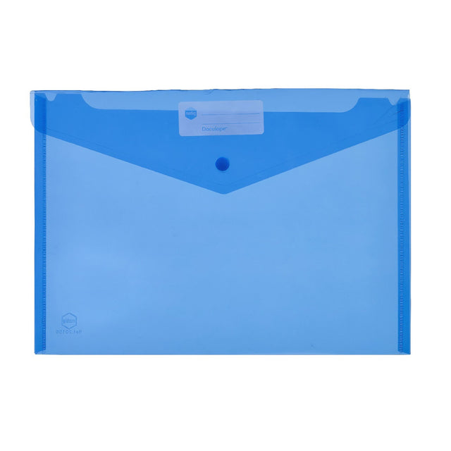 Marbig Doculope PP A4 Blue, a durable document holder with button closure, write-on ID panel, and moisture-resistant design.