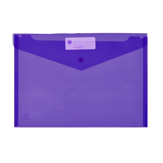 Vibrant purple A4 document holder with button closure, ID panel, and moisture-resistant design for organizing up to 150 pages.