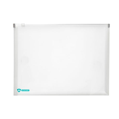 A clear A4 zippered doc wallet with antimicrobial lining, designed for secure document storage and convenient access.