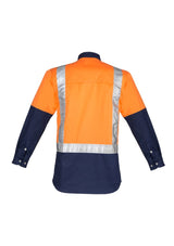 Hi-vis orange and navy industrial shirt with breathable mesh vents, reflective tape, and dual chest pockets for secure storage.
