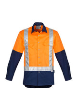 Men's Hi-Vis Spliced Industrial Shirt in Orange/Navy, 4XL, features reflective tape, mesh vents, and durable cotton for safety and comfort.