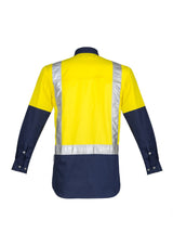 Hi-Vis Spliced Industrial Shirt in yellow and navy, featuring breathable cotton, reflective tape, and durable design for safety and comfort.