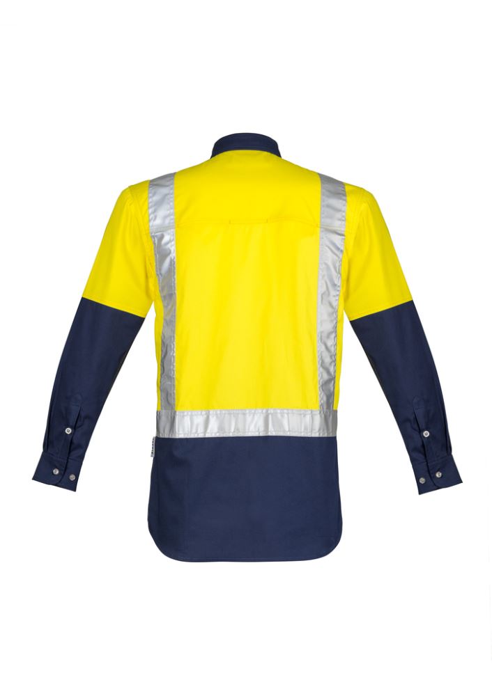 High-visibility yellow and navy men's industrial shirt with mesh vents, reflective tape, and two chest pockets.