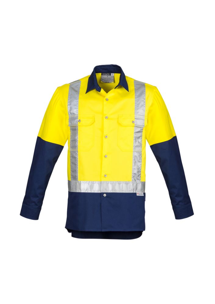 Men's Hi-Vis Spliced Industrial Shirt in yellow and navy, featuring breathable cotton, reflective tape, and practical pockets.