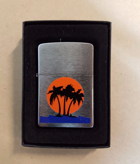 Genuine Zippo Sunset lighter in Street Chrome finish, fluid-fueled, brand new in original box.