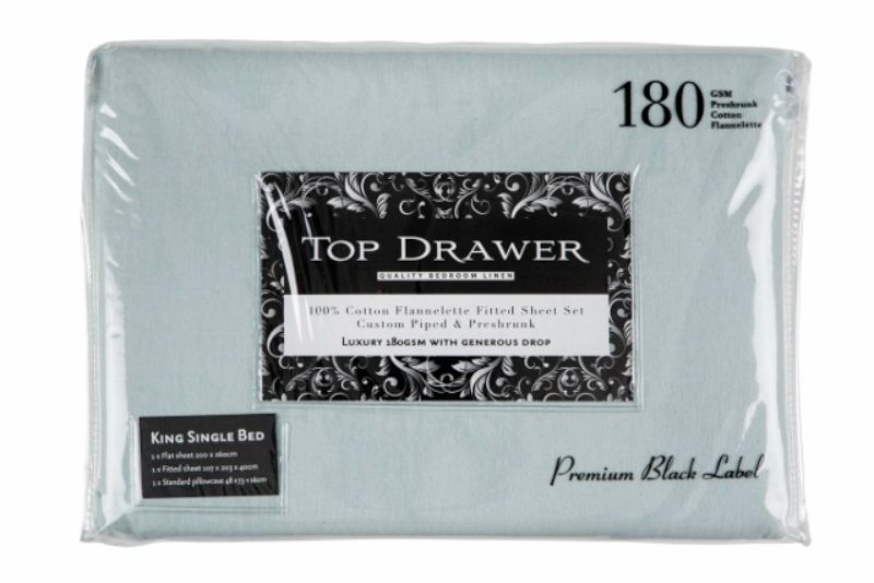 Soft Seafoam flannelette sheet set in 100% cotton, includes fitted sheet, flat sheet, and pillowcase for cozy sleep.