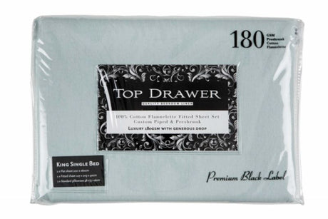 Soft Seafoam flannelette sheet set in 100% cotton, includes fitted sheet, flat sheet, and pillowcase for cozy sleep.