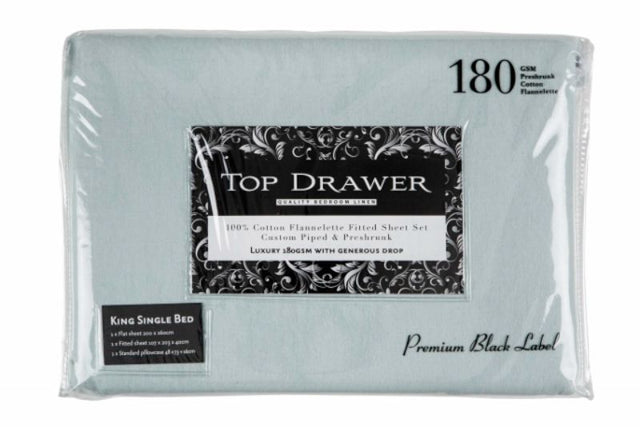Soft Seafoam flannelette sheet set in 100% cotton, includes fitted sheet, flat sheet, and pillowcase for cozy sleep.