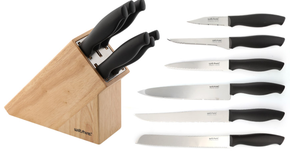 Wiltshire Eternal 7 Piece Knife Block Set featuring ergonomic handles and stainless steel blades, organized in a stylish rubberwood block.