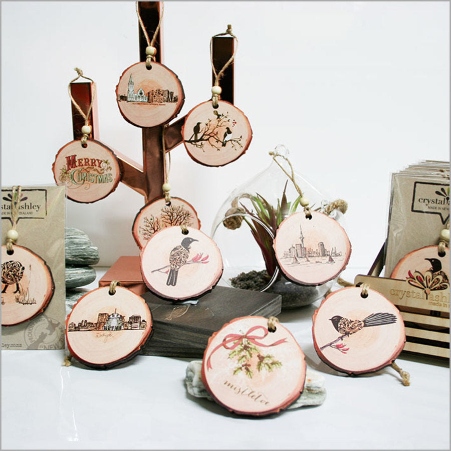 Wood slice ornament featuring "Oh Holy Night" design, perfect for Christmas decor, sustainably made, 80mm x 75mm.